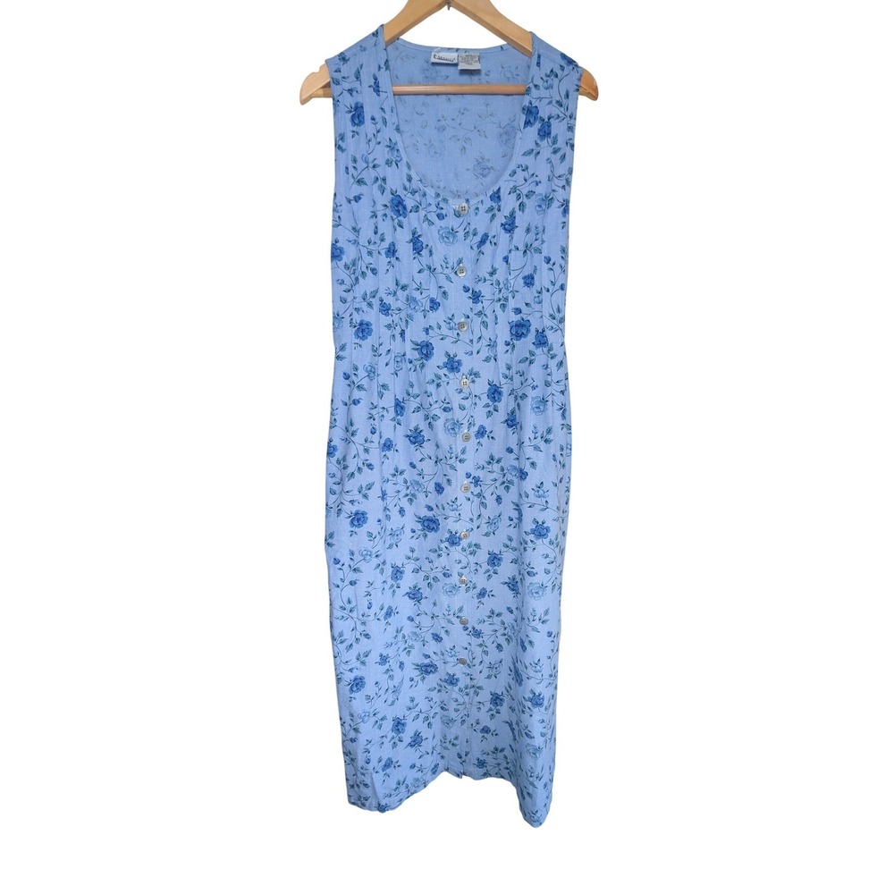 CAPACITY Vintage 90s Blue Floral Cotton Sleeveless Button Front Midi Dress M